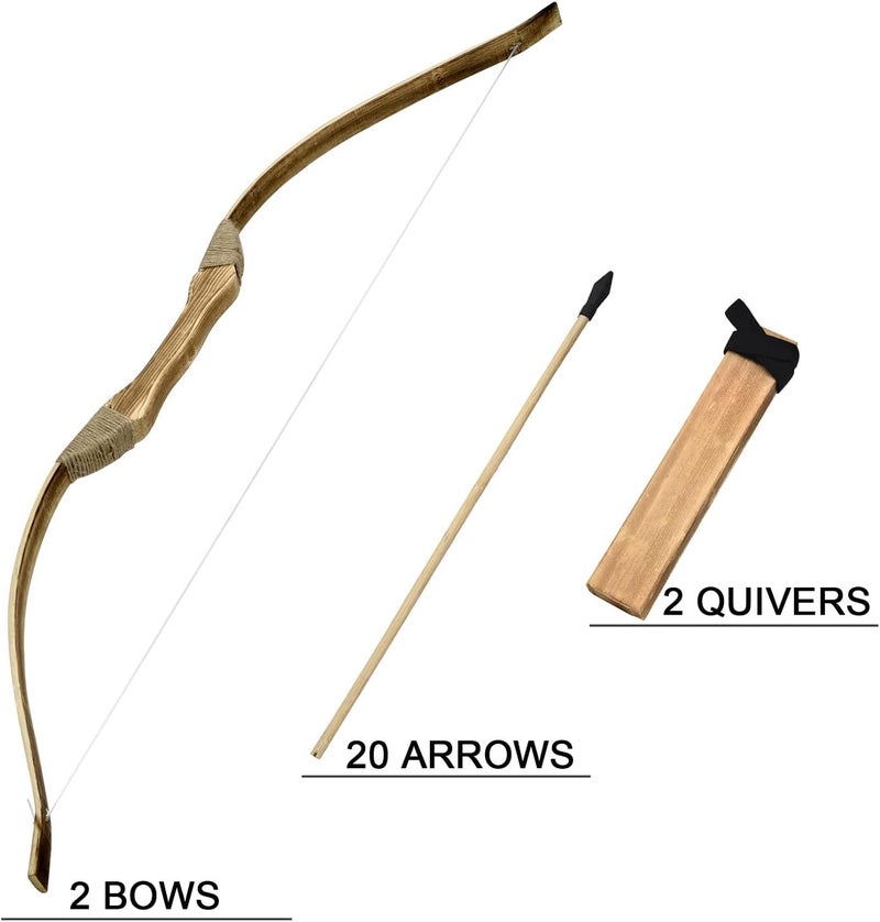 Basbon 2 Pack Kids Bow and Arrow Set, 32 Inch Archery Set Handmade Wooden Toy Bow and Arrow for Kids 4-6 8-12, Cosplay Game Costume Prop Play, 2 Bows 2 Quivers and 20 Wood Arrows, Gifts for Youth Boys Girls - Image 3